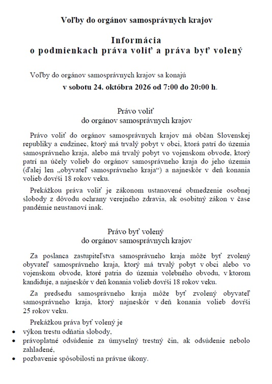 Fotka - Informácie o podmienkach práva voliť a práva byť volený do orgánov samosprávnych krajov